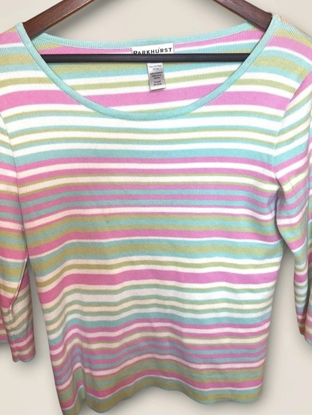 Vintage 90s Parkhurst Striped 100% Cotton 3/4 Sleeve Size Medium